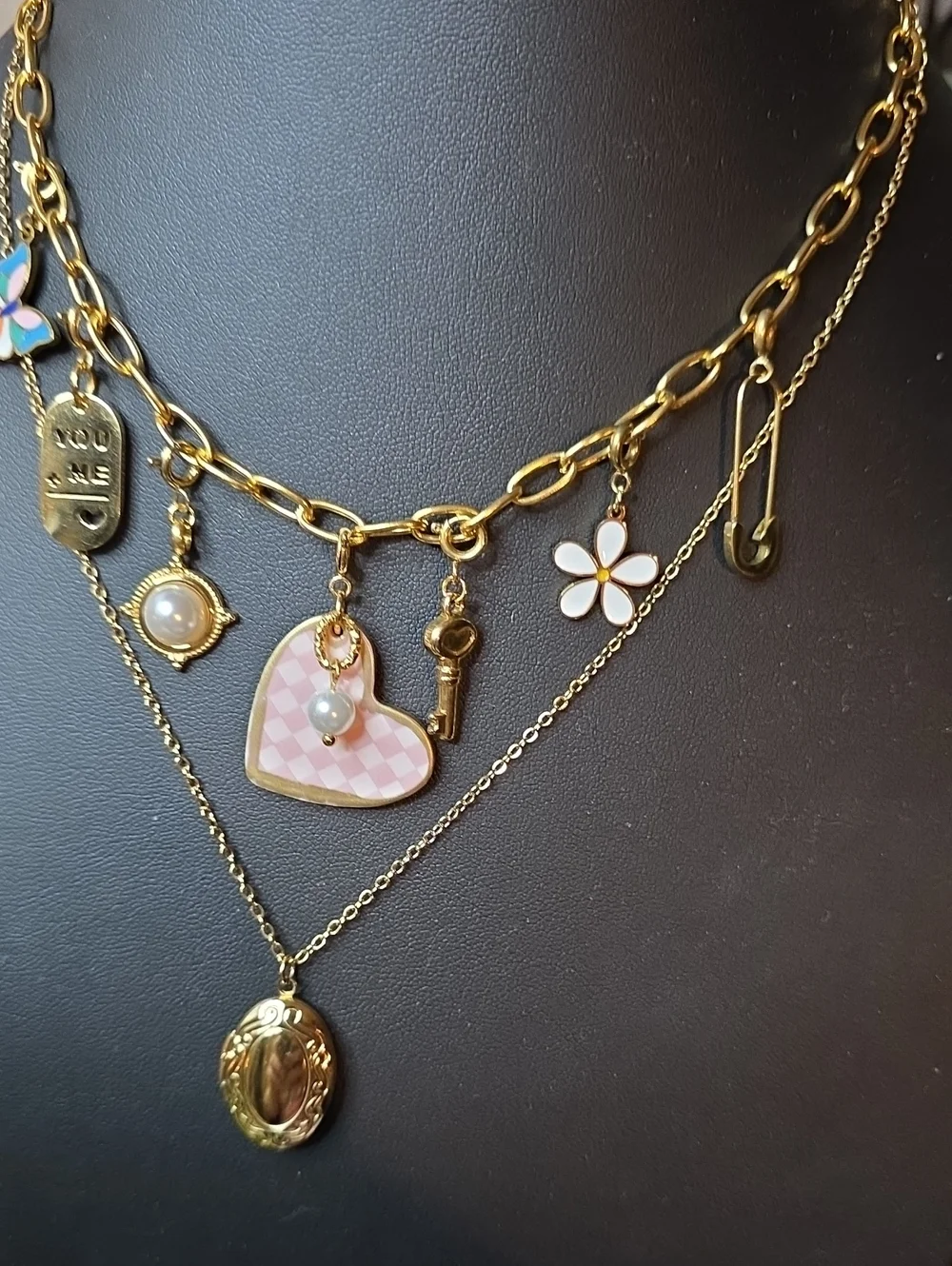 NEW Plunder Gold Tone Layered Charm and Locket Necklace Set with Earrings